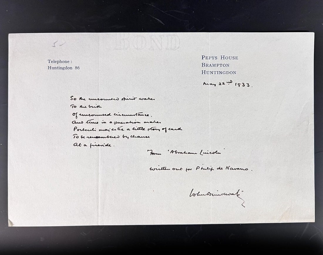 John Drinkwater Handwritten Autographed letter 1933 poem Abraham Lincoln (1 of 3)