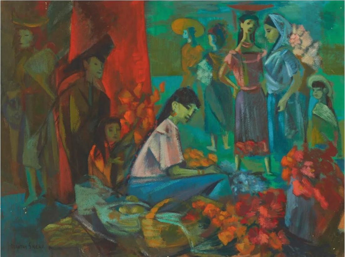 Dorothy Sklar Acrylic painting Mexican Theme Outdoor Market 1961: Dorothy Sklar (California 1906-1996), Acrylic painting on masonite board, figures at an outdoor market, titled "Mexican Theme. Signed lower left. Wood Frame. Last photo is a list of shows and venues t