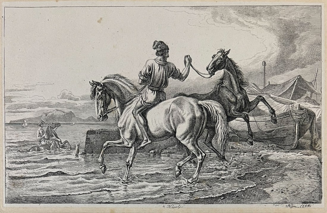 Johann Adam Klein Etching Napoli 1844 Horses: Johann Adam Klein (1792–1875) Etching on wove paper, titled "Napoli", a man on horseback leads another horse into the sea. Hinge mounted to folio signed and dated lower right margin 1844. Munich bli