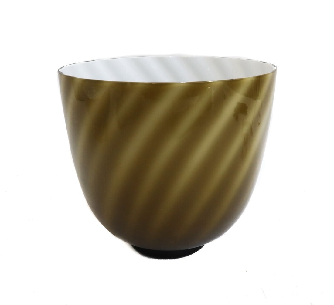 Tommaso Barbi Italian Art Glass Olive Swirled and White Vase Signed (1 of 6)