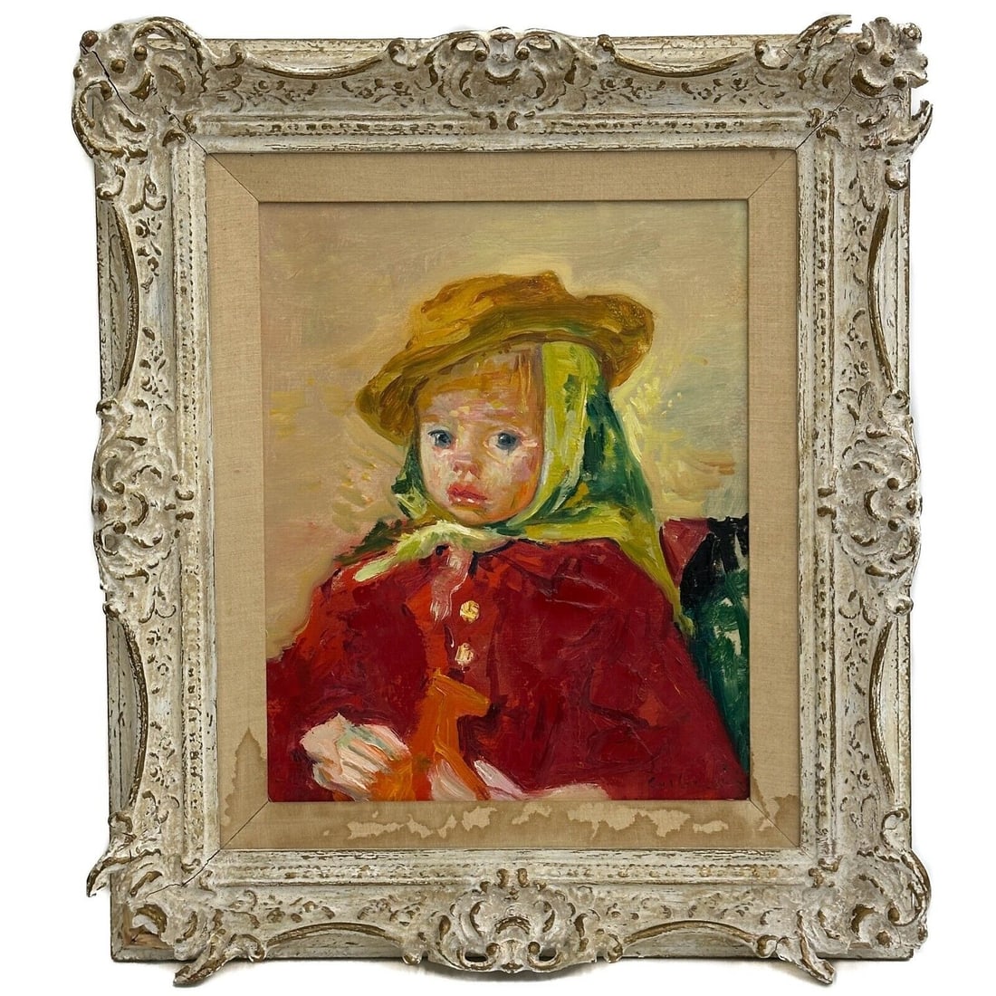 Luigi Corbellini (1901-1968) Oil on Canvas Painting Girl in Red Coat Framed: Luigi Corbellini (French / Italian 1901-1968) Oil on Canvas Painting. Painting depicts a young girl in a hat and red coat, artist signed to the lower right. Mounted in a wood frame. Weight: Approx. 6 
