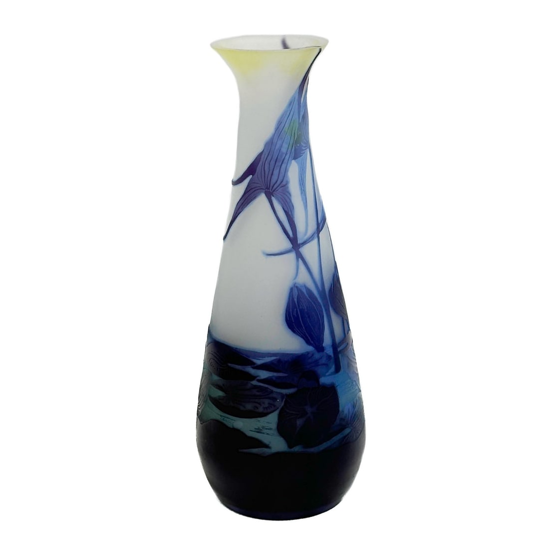 Emile Galle Acid Etched Cameo Art Glass Vase Water Lilies circa 1900: Emile Galle France Acid Etched Cameo Art Glass Vase, circa 1900. A white ground, yellow to the mouth, with blue cameo glass scene with waterlilies. Signed Galle in cameo. Weight: Approx. 1 lb