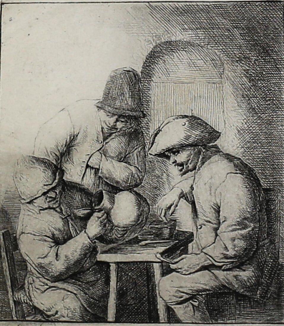 Adriaen Jansz Van Ostade Dutch 1610-1685 Etching The Empty Jug: Van Ostade, Adriaen Jansz (Dutch 1610-1685) Black and white etching on paper, 'The Empty Jug' Signed in plate A. Ostade. No printing en verso. Thin margins. Notation on folder reads Fourth State.