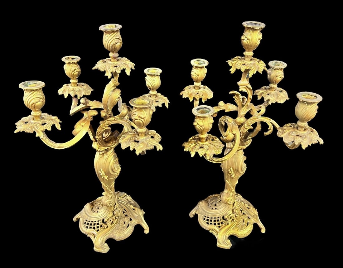 Rococo style Pair of Bronze 5 branch Candelabra c1900 (1 of 14)