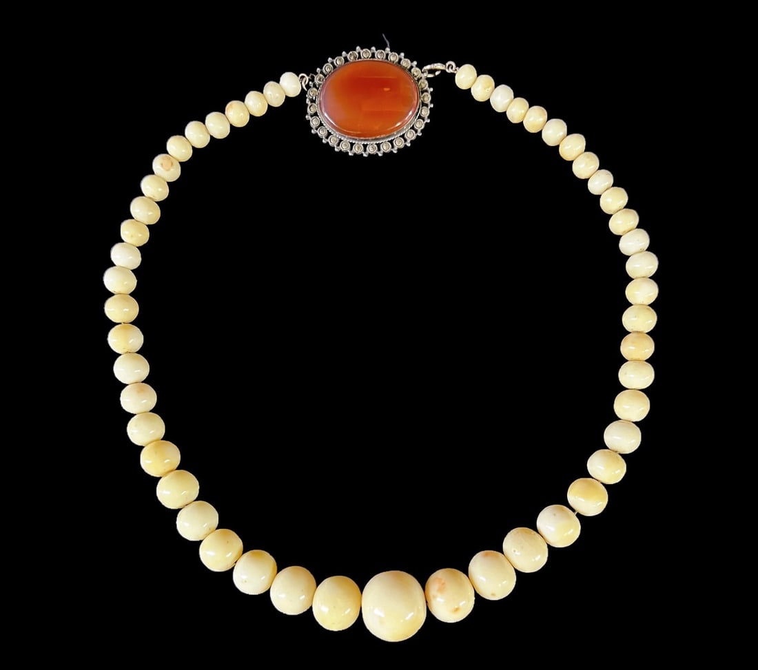 Vintage Graduated Angel Skin Coral Choker Necklace Silver Carnelian Marcasite (1 of 12)