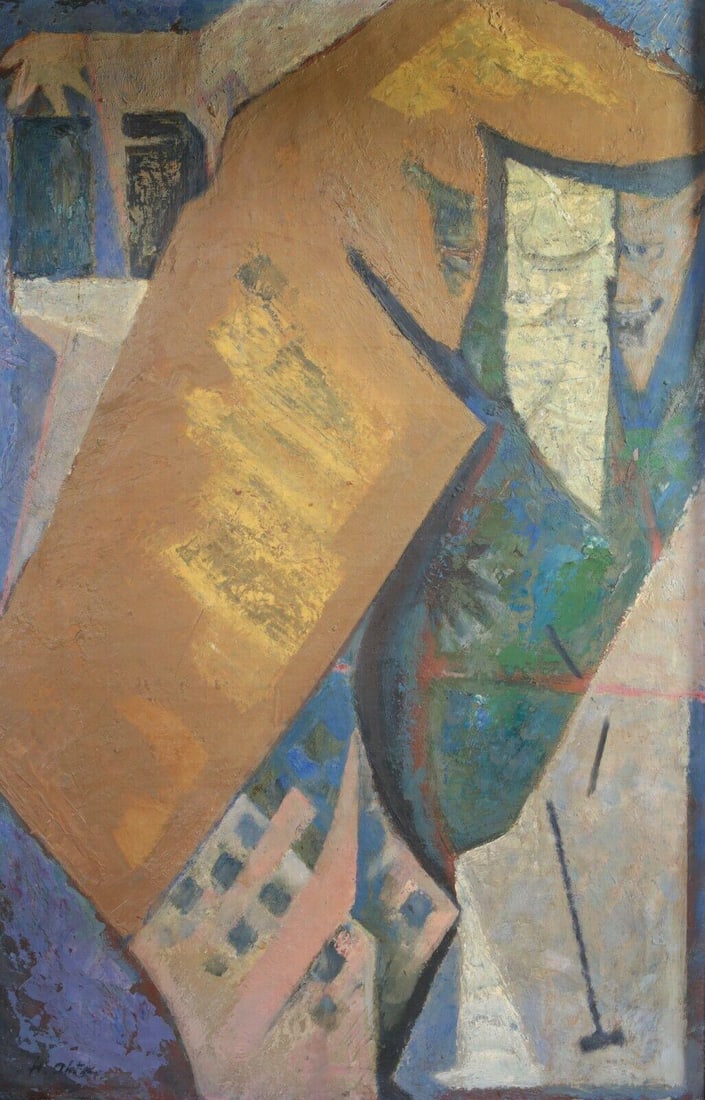 Hisashi Ohta (Japan 20th c) Abstract Oil Painting, "Japanese Noh Play" c1940 (1 of 7)