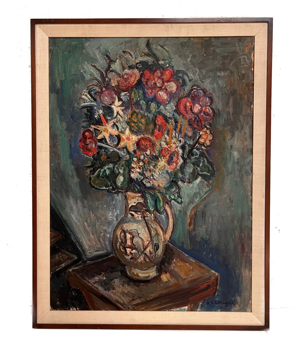 Pinchus Kremenge Still life Oil Painting Flowers in Jug Mid Century Modern (1 of 6)