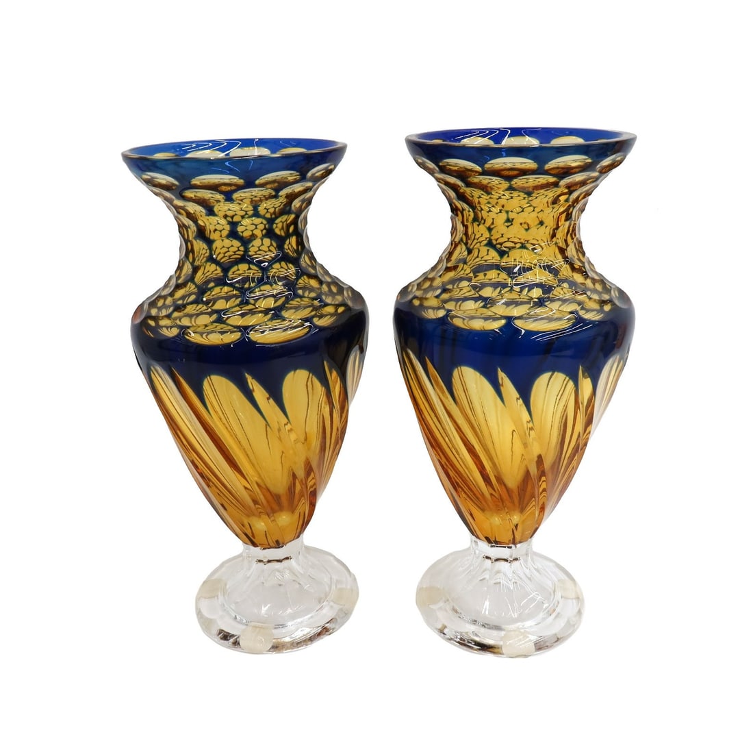 Pair Mario Cioni Italian Cobalt Blue and Amber Art Glass Footed Vases Vintage (1 of 9)