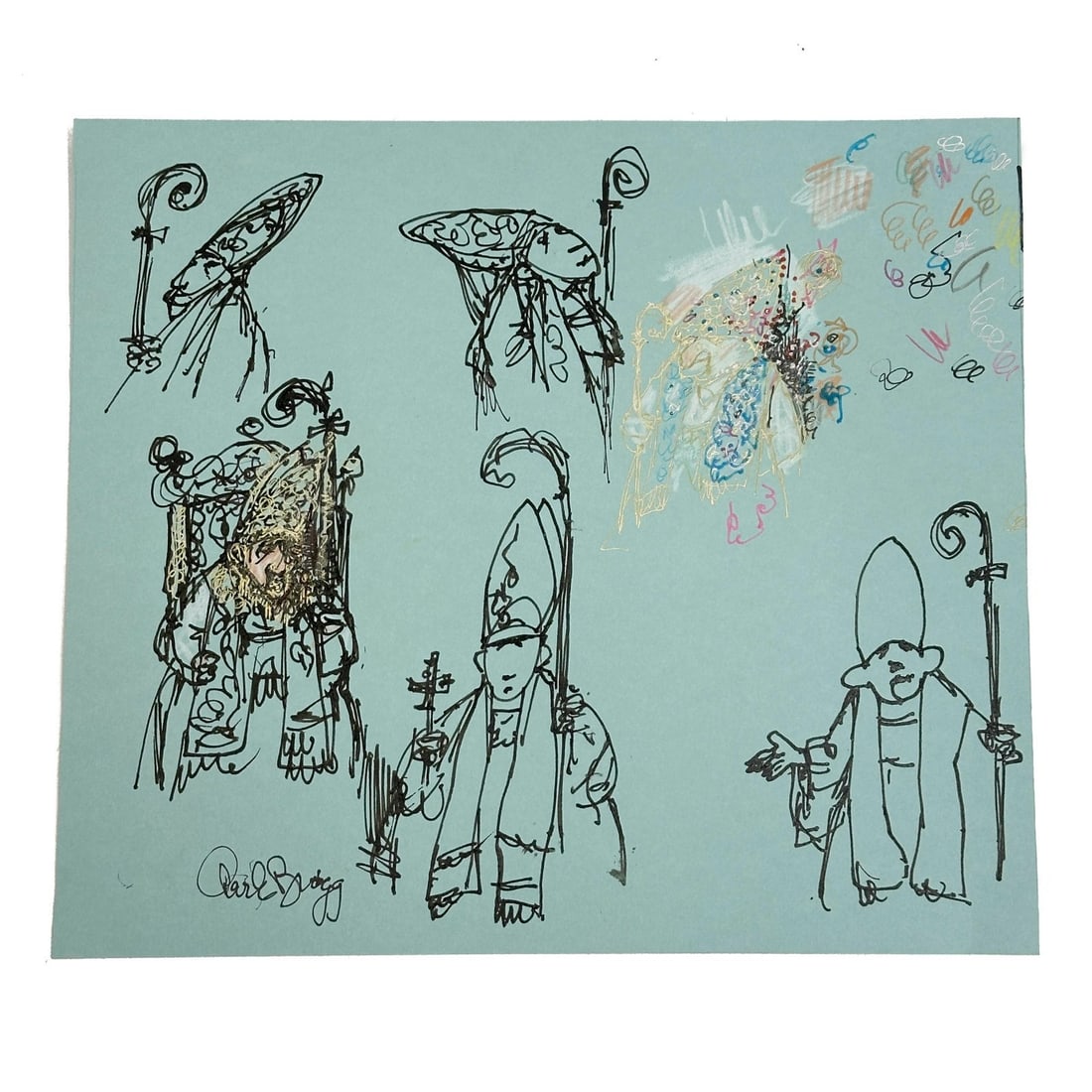 Charles Bragg Pope Studies Original Pen Ink Marker Drawing Colored Paper Signed (1 of 5)