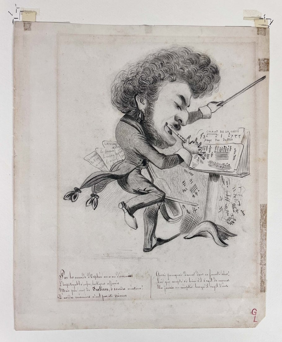 Benjamin Roubaud Lithograph before letters Louis Antoine Jullien c1840: Joseph Germain Mathieu (Benjamin) Roubaud, (French 1811-1847) Lithograph before letters, caricature of the French conductor Louis-Antoine Jullien, for the lithograph titled 'Pantheon Charivarigues', f