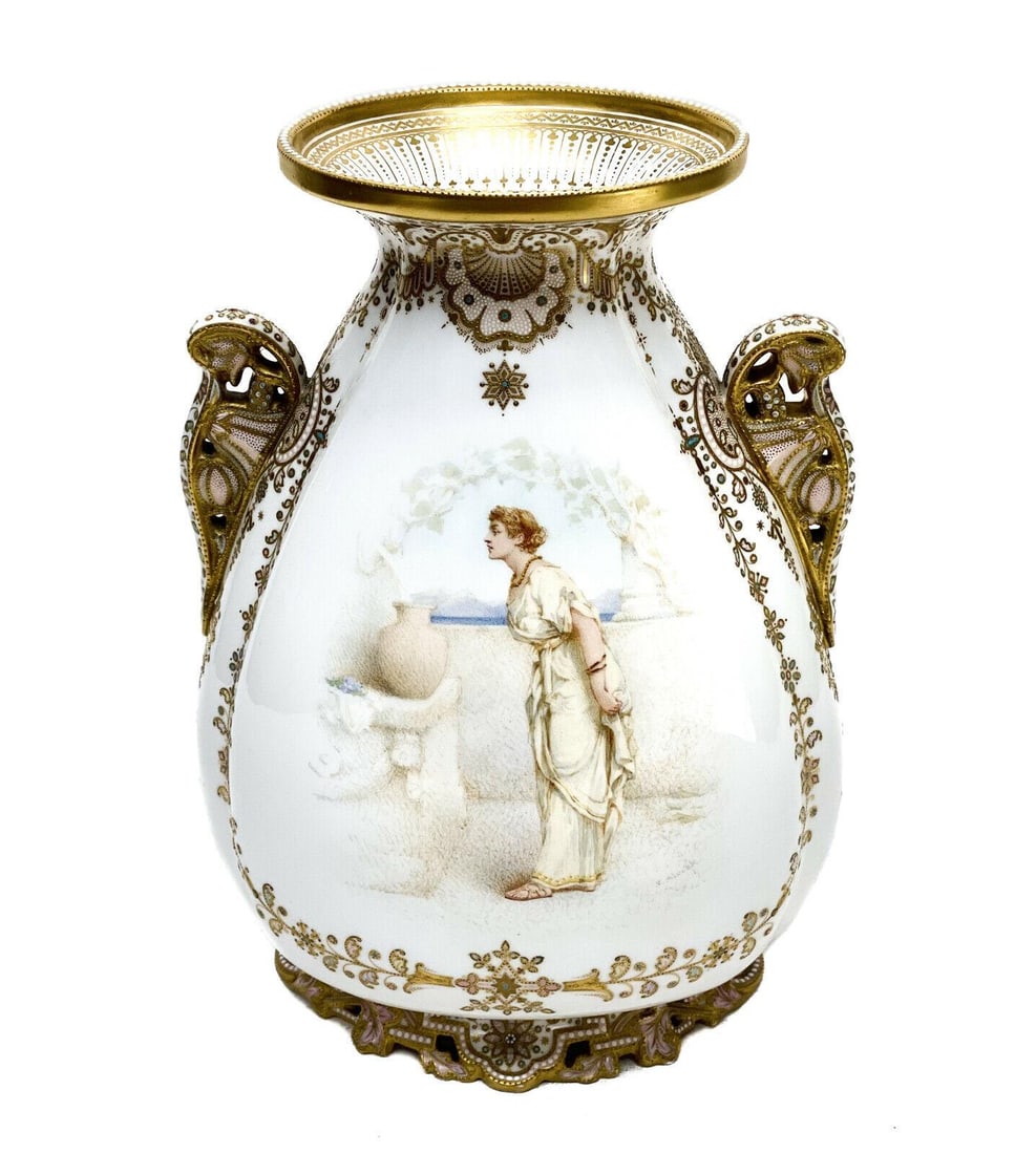 Copeland's England Enamel Jeweled Twin Handled Urn, 19th Century. Artist Signed (1 of 10)
