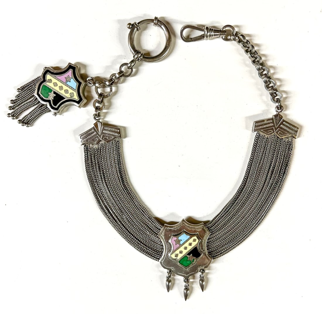Nickel Silver and enamel Victorian Shield Pendant Double Albert Watch Chain (1 of 11)