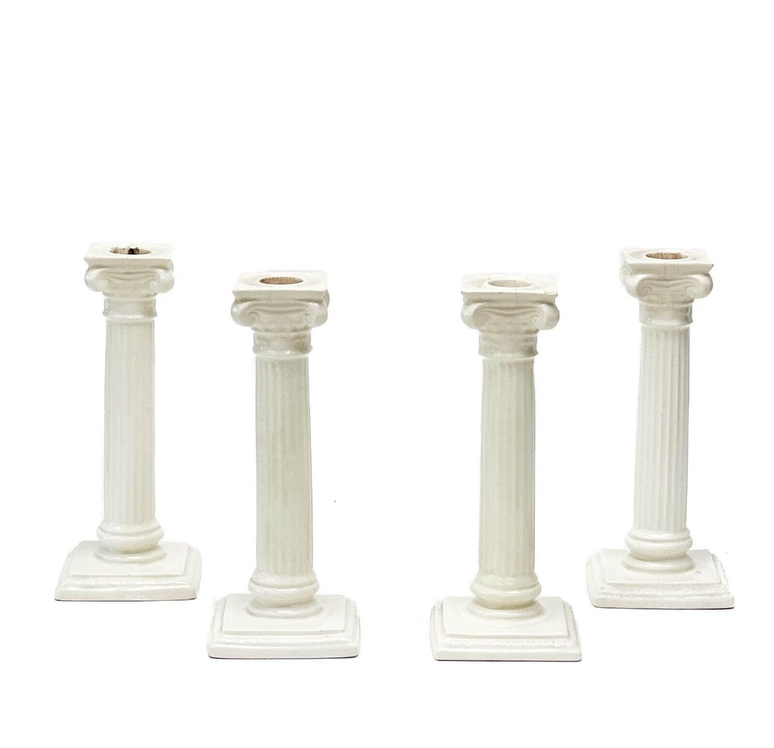 Set Of 4 Spode 19th Century Candlesticks Owned By President Franklin D Roosevelt: A beautiful set of four white pottery column candlesticks by Imperial Spode from 1890. This set was previously used by President Franklin D. Roosevelt and his wife Eleanor. This set was sold in the fo