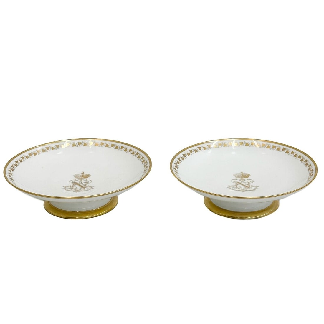 Pair Manufacture de Sevres Porcelain Compotes A Chiffe Dore De L'Empereur 1852: Pair Manufacture de Sevres Gilt Porcelain Compotes. A Chiffe Dore De L'Empereur Napoleon III. Gilt monogram "N" to the center beneath a crown, ivy leaves to the edge. Underside marked Chateau des Tuil