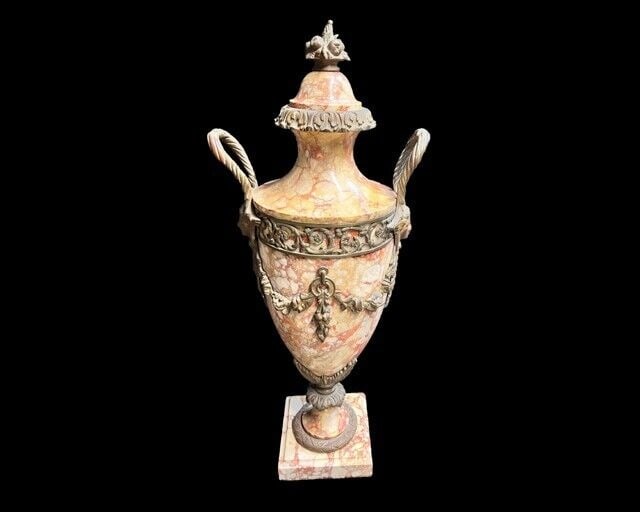 c1900 French Marble and gilt bronze Cassolette urn Empire style salmon colored (1 of 7)