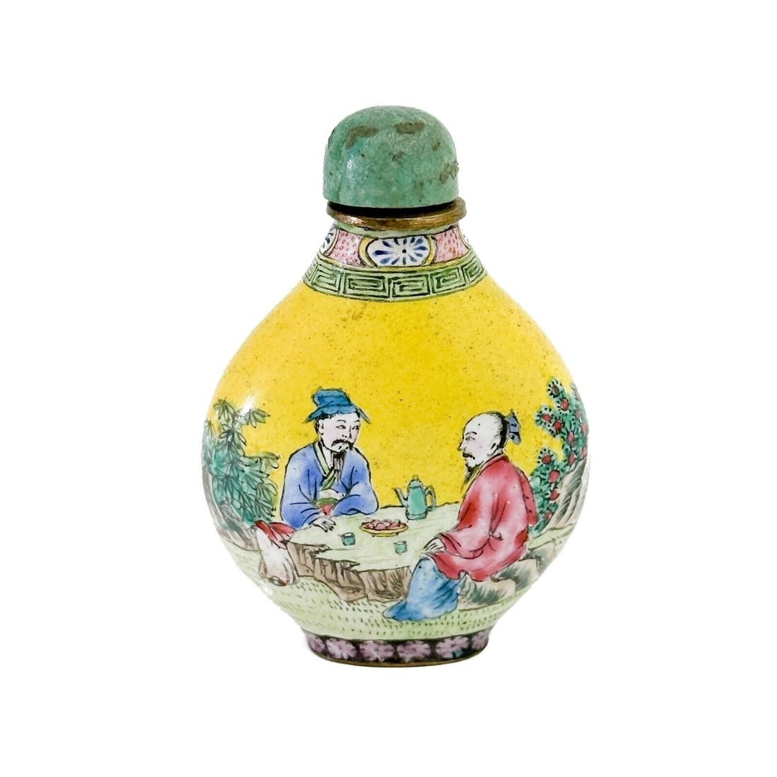 Chinese Enamel Painted Snuff Bottle 18th / 19th century Qianlong Mark: Chinese Enamel Snuff Bottle, 18th/19th century. A yellow ground decorated with seated figures. Metal mounts. Green stone stopper. Qianlong reign marks to the underside Weight:approx. less than .5 lb M