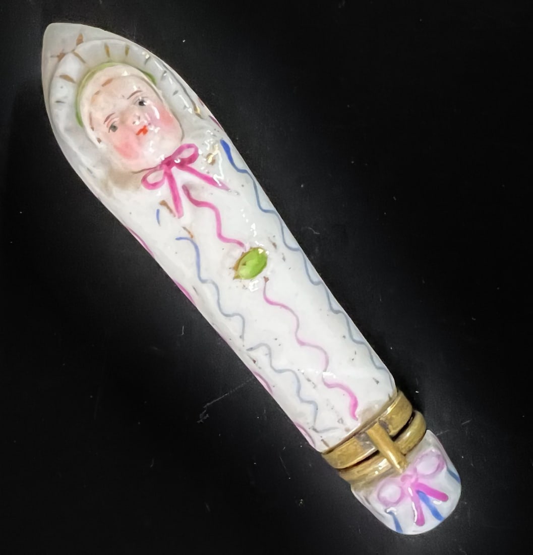 18th-19th Century figural porcelain Necessaire Etui Needle Case swaddled baby (1 of 4)