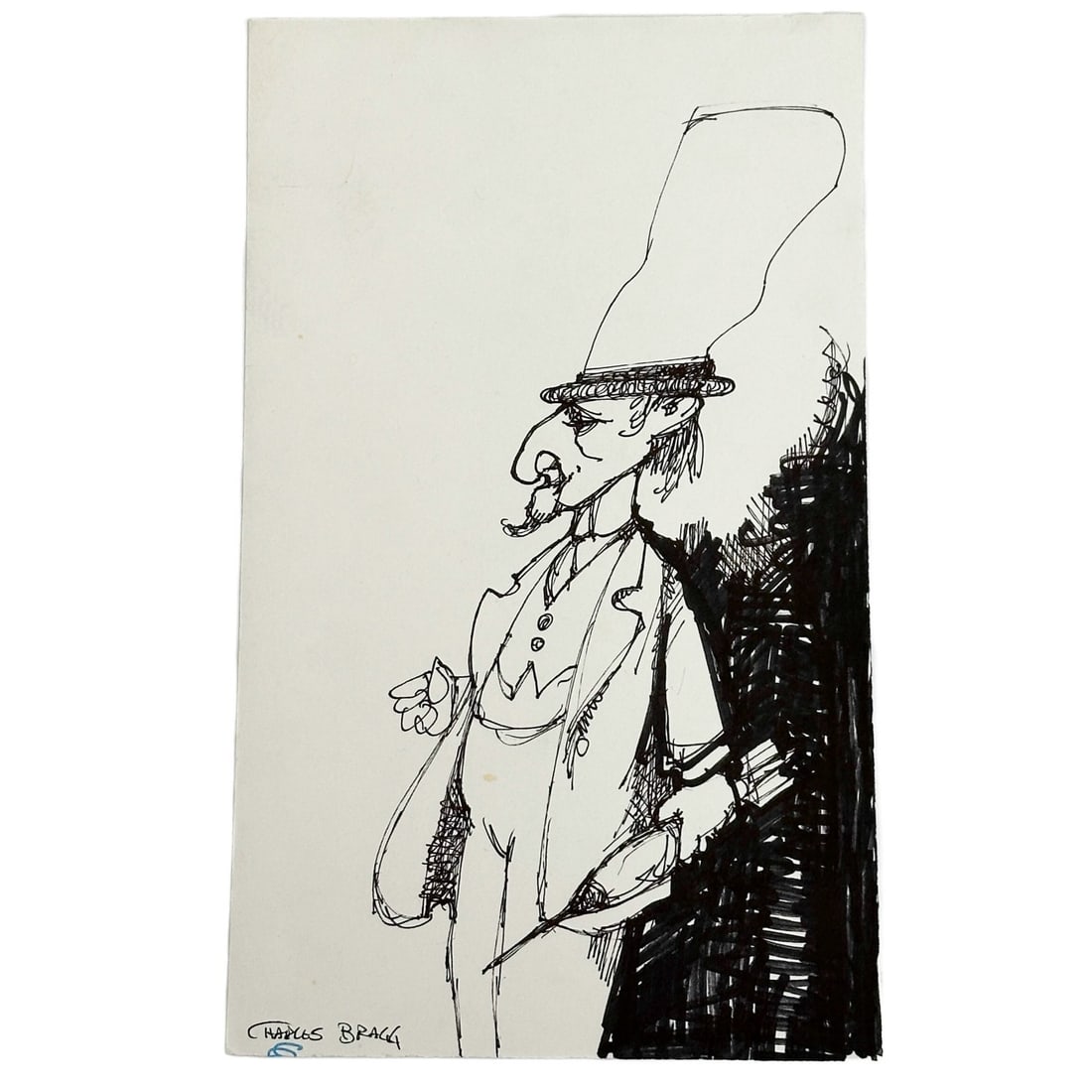 Charles Bragg Man Tall Hat Bomb in Hand Pen Ink Drawing on Paper Signed (1 of 5)