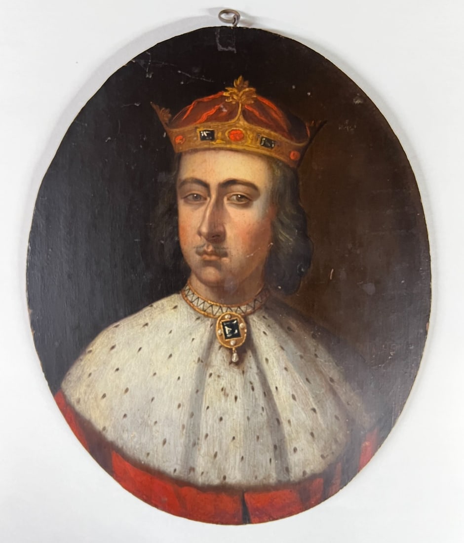 Portrait of Henry I King of England Oil Painting: Identified on reverse as a Portrait of Henry I, King of England (1100-1135) Oil Painting on oval wood plank, unsigned. Measurements: Approx. 11.625 x 9.5 x 0.25 Condition: Good condition, some scuffs,