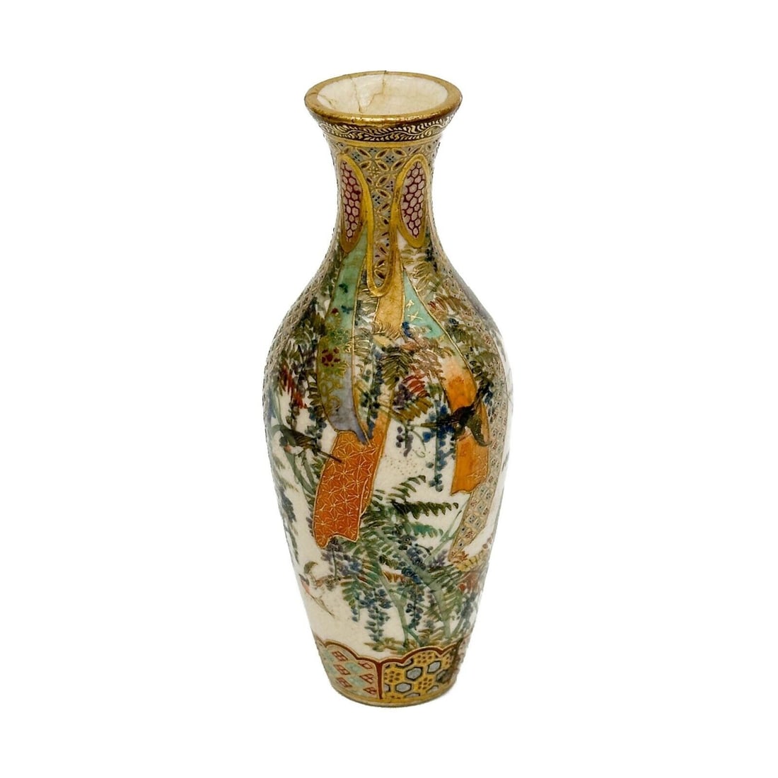 Kinkozan Satsuma Japanese Hand Painted Miniature Porcelain Vase Ribbons Wisteria (1 of 6)