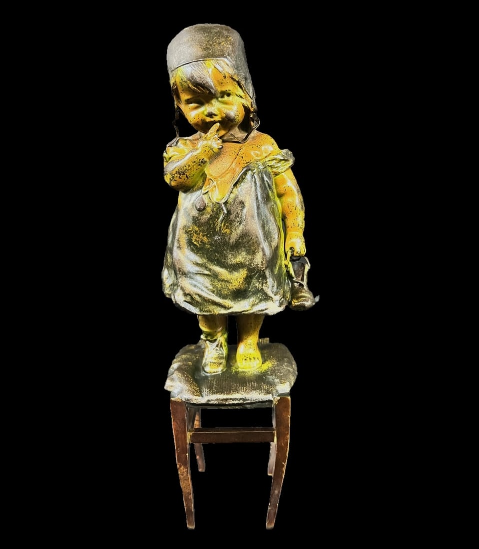 Juan Clara Polychrome bronze figure Girl on Stool (1 of 8)