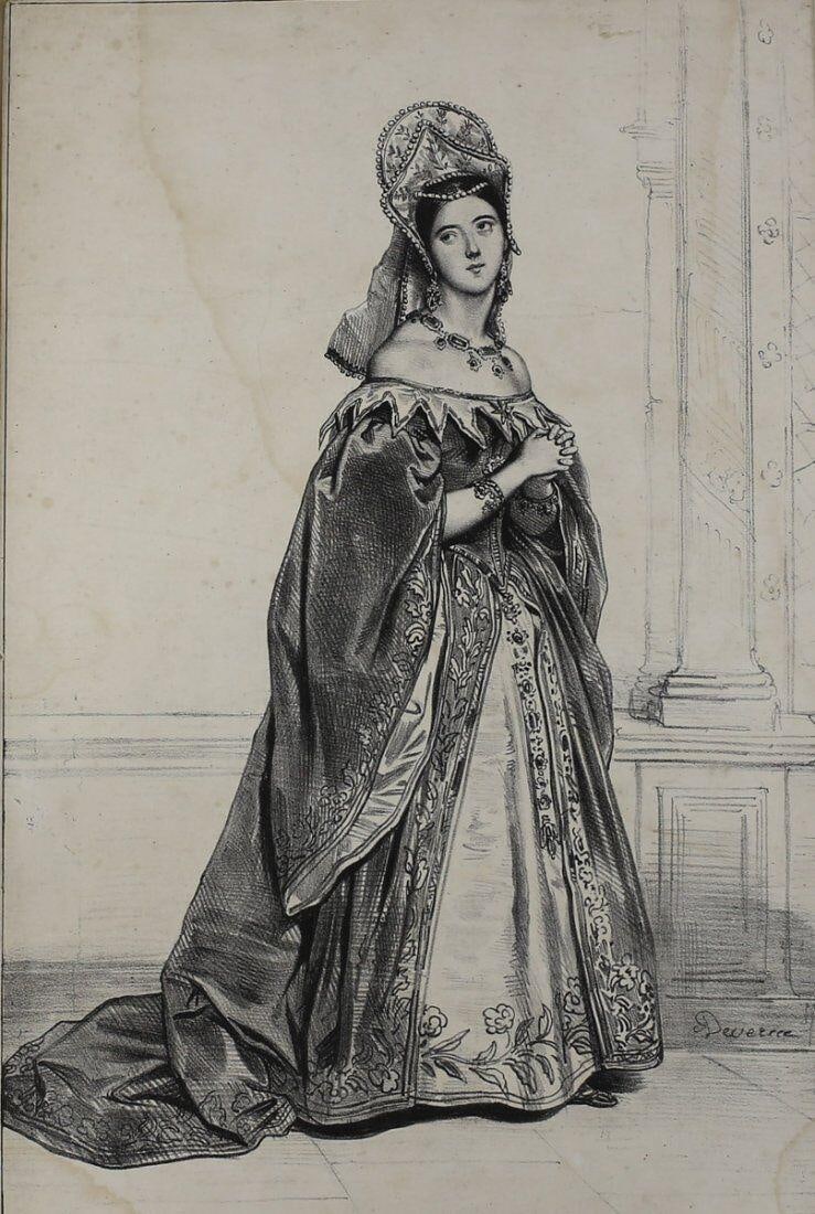 Achille Deveria (French 1800-1857) Lithograph Woman in Costume: Deveria, Achille (French 1800-1857) Black and White Lithograph on wove paper, Woman in Costume. Signed 'A Deveria' in stone on lower right. 'GL' stamp on lower left. Very thin margins, trimmed. No pri