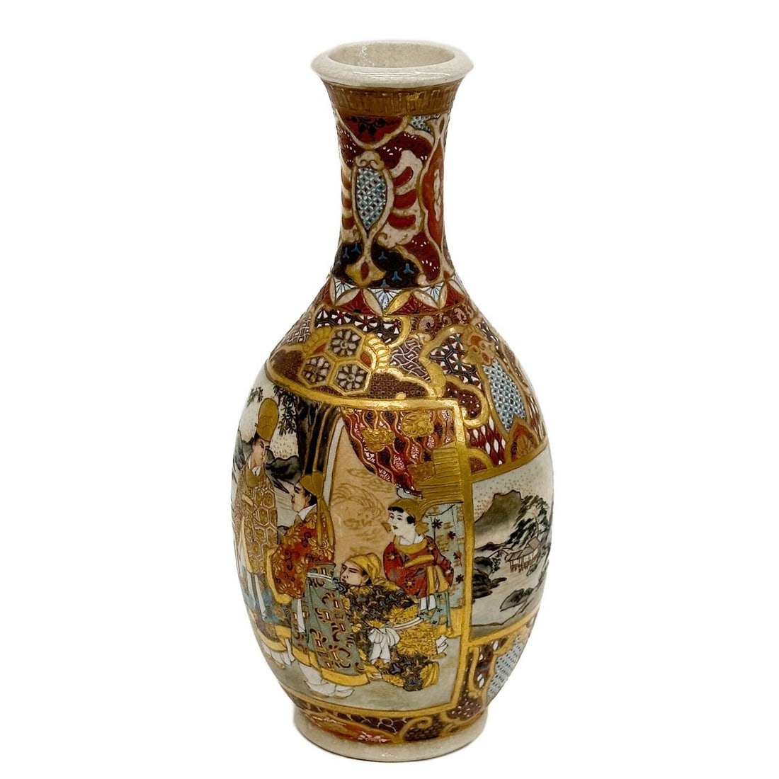 Japanese Satsuma Hand Painted Porcelain Vase Taisho Period: Japanese Satsuma Hand Painted Porcelain Vase, Taisho period. Hand painted scenes to the body of figures, raised gilt and enameled accents Weight: Approx. 1 lb Measurements: Approx. 4.25 inches diamete