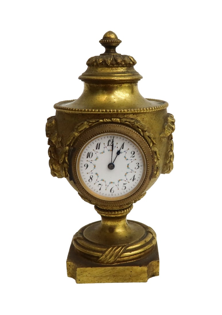 Continental Gilt Bronze Miniature Table Clock, Laurel Wreaths, circa 1900 (1 of 9)