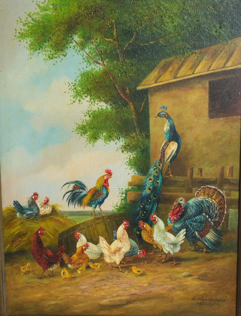 Bogdan Kaudetzky (German 1898 - 1964) Oil painting landscape with peacock turkey (1 of 5)