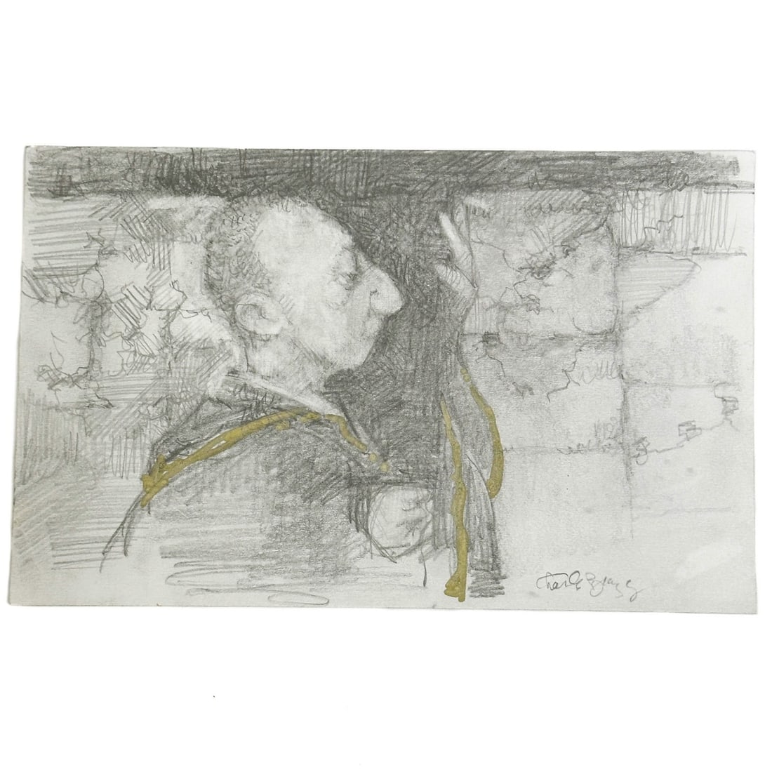 Charles Bragg Man Profile Old Wall Original Graphite Pencil Drawing Paper Signed: Charles Bragg (American, 1931-2017) "Man Profile Old Wall" Original Graphite Pencil & Gold Ink Drawing on Paper. Depicts a portrait of a man, artist signed to the lower right side. Unmatted and unfram