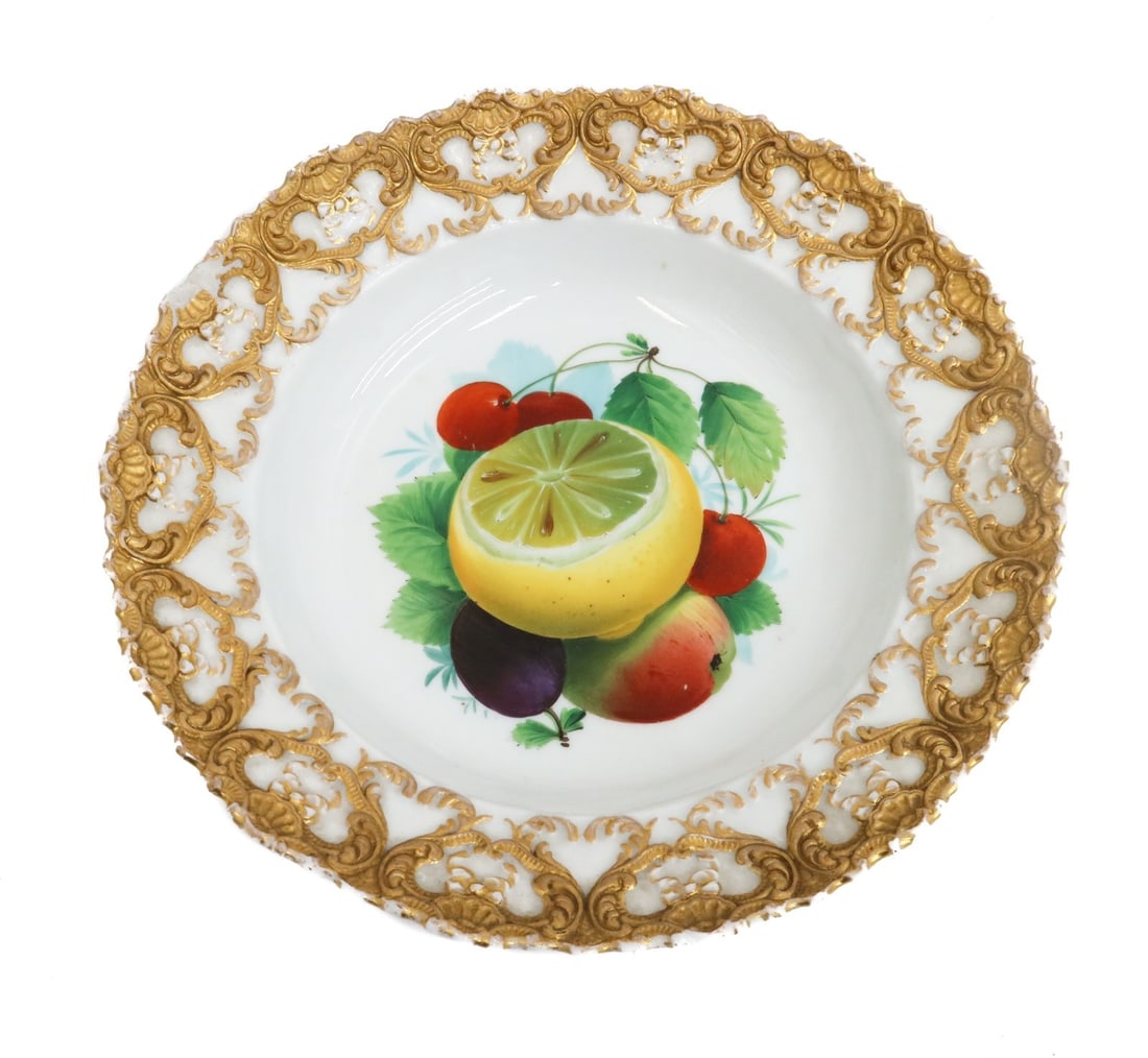 Meissen Germany Hand Painted Fruit and Gilt Scallop Rimmed Dish Plate (1 of 8)
