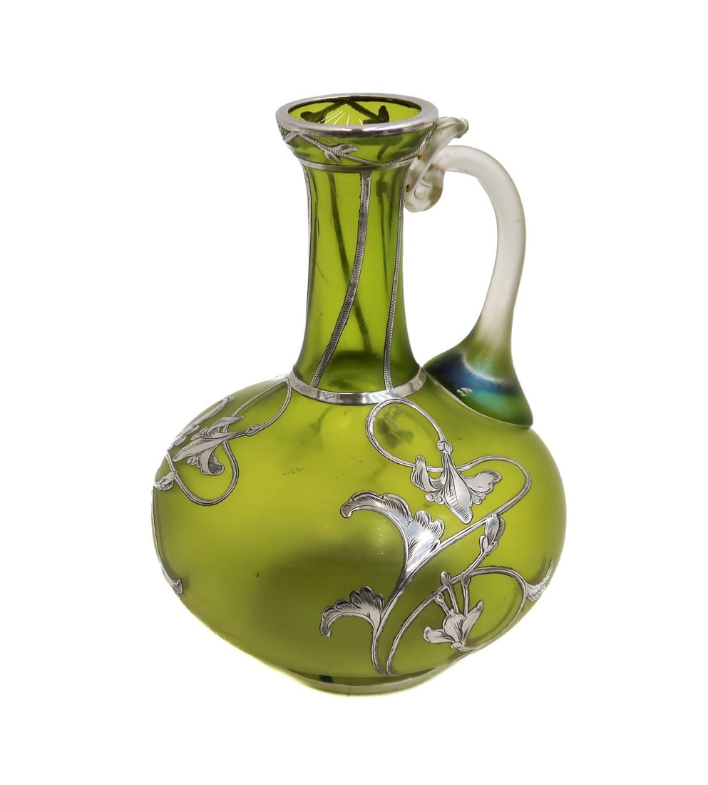 Austrian Silver Overlay Green Art Glass Ewer (1 of 5)