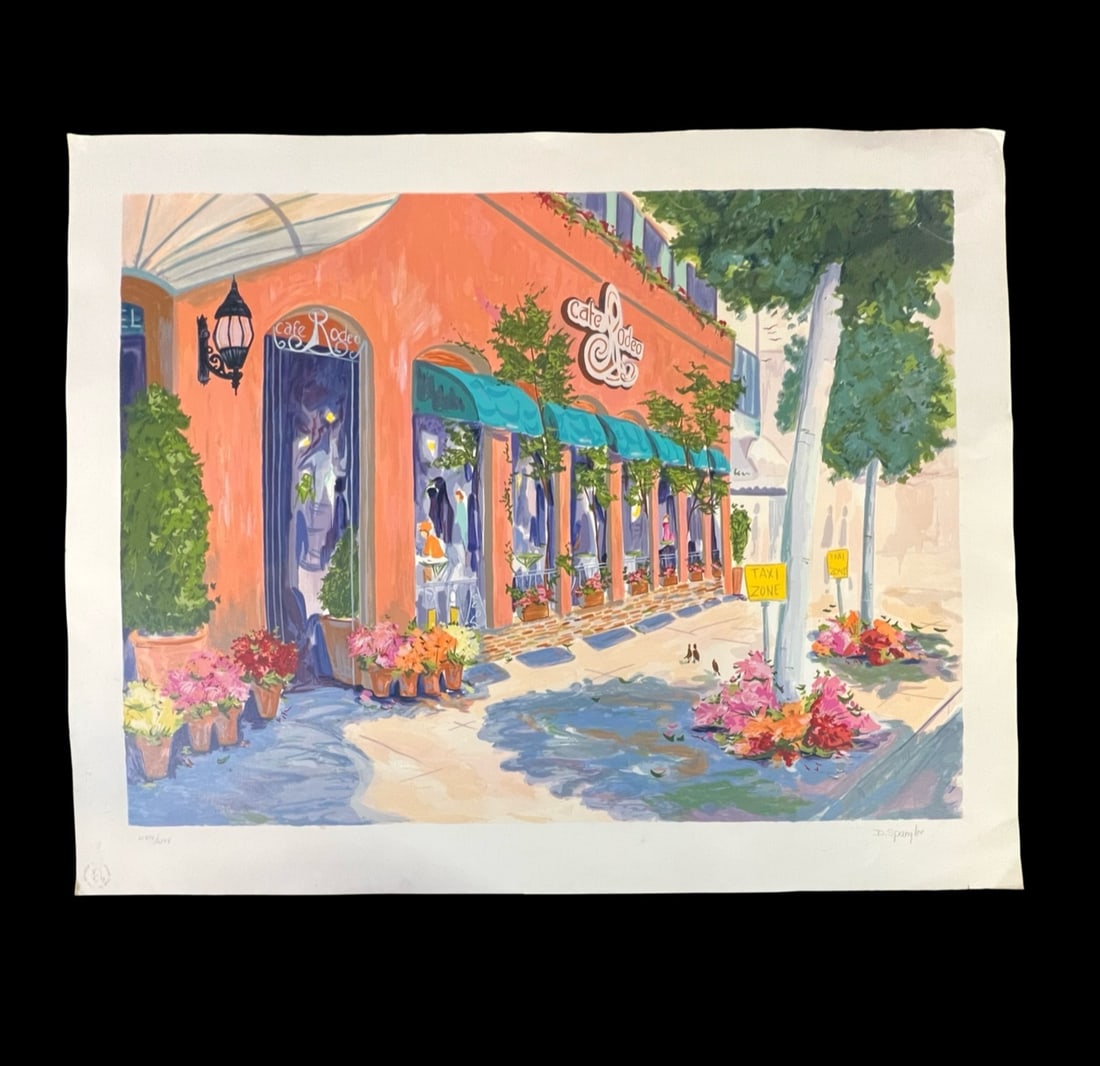 Dorothy Spangler Serigraph Cafe Rodeo c1990s Beverly Hills: Dorothy Spangler (California 1928-) Serigraph on paper, titled "Cafe Rodeo" (Beverly Hills, California,) limited edition of 75, signed in pencil lower right. Unframed. (D1)) Measurements: Approx. shee