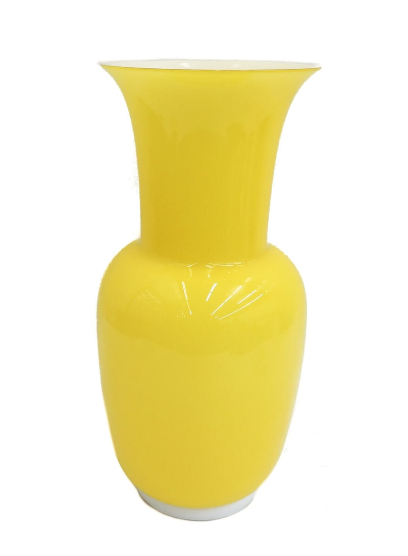 Venini Yellow Opalino Opaline Glass Vase 14 inches tall Signed 1996: Venini Yellow Opalino opaline glass vase 14 inches tall signed, 1996. Signed "Venini 1996" to footed underside. Weight: Approx. 4 lbs Measurements: Approx. 6.25 inches diameter x 14.25 inches tall Con