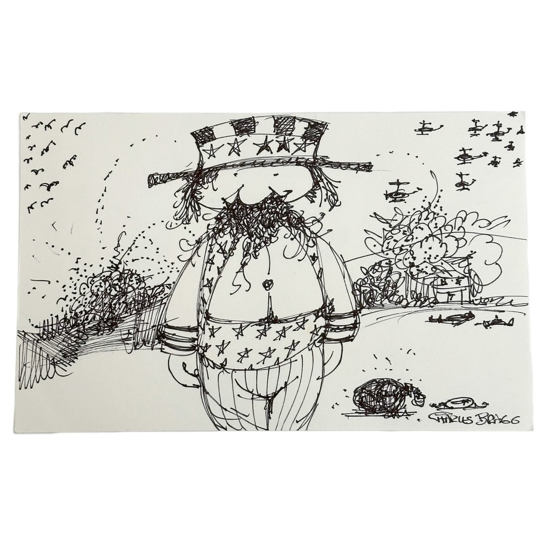 Charles Bragg Stars Man Helicopters Birds Pen Ink Drawing on Paper Signed (1 of 4)