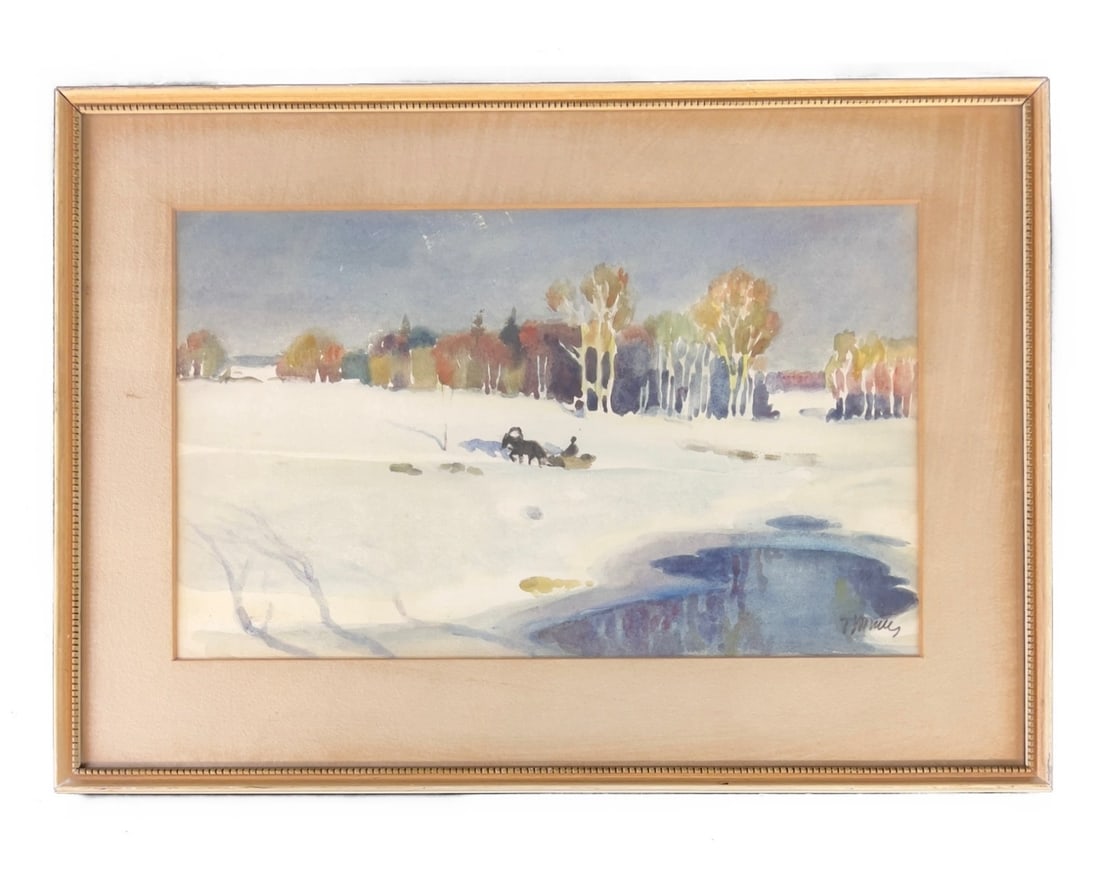 Vintage Winter landscape scene Watercolor painting SIGNED (1 of 6)