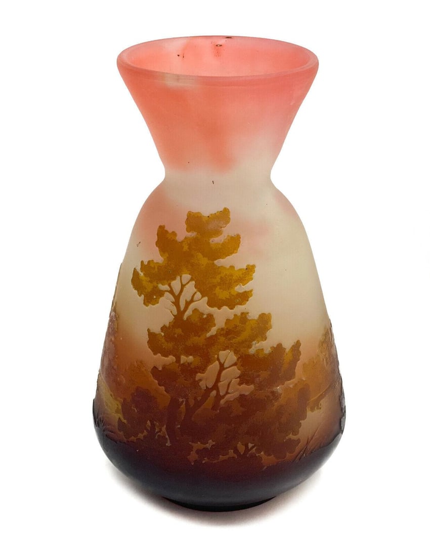 Emile Galle Acid Etched 3 Color Scenic Lake View Cameo Glass Vase, circa 1890 (1 of 7)