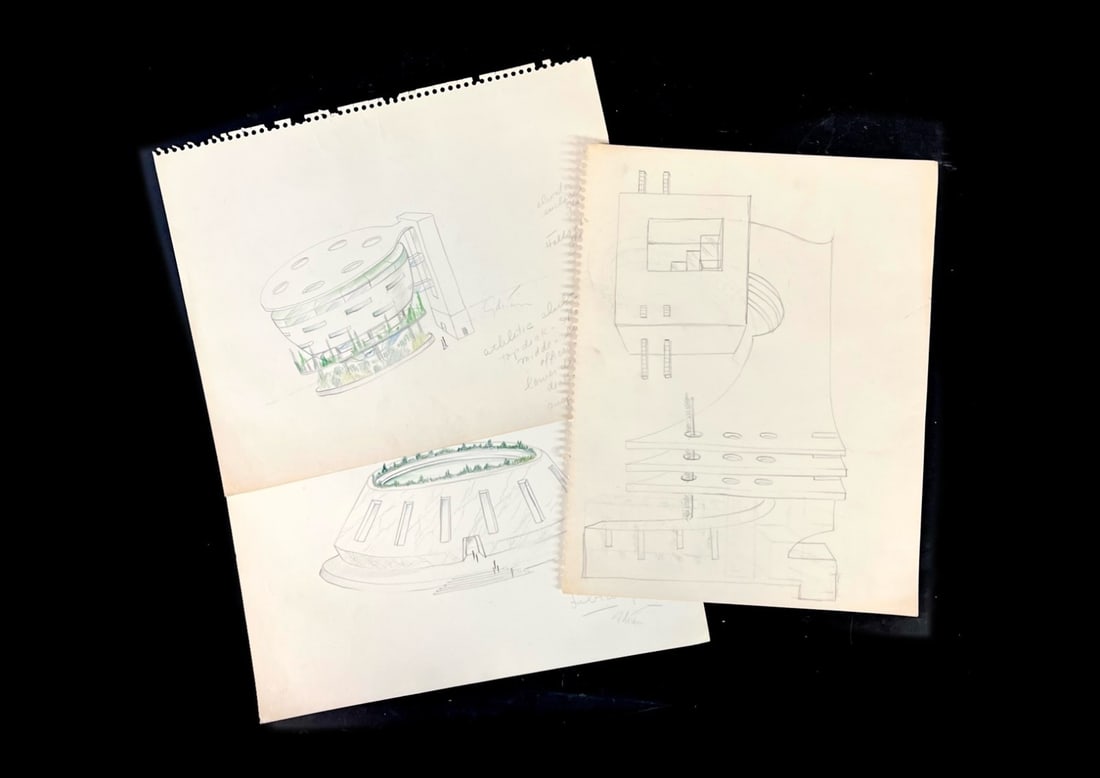 Gilbert Adrian 3 Pencil Sketches architectural concepts (1 of 7)