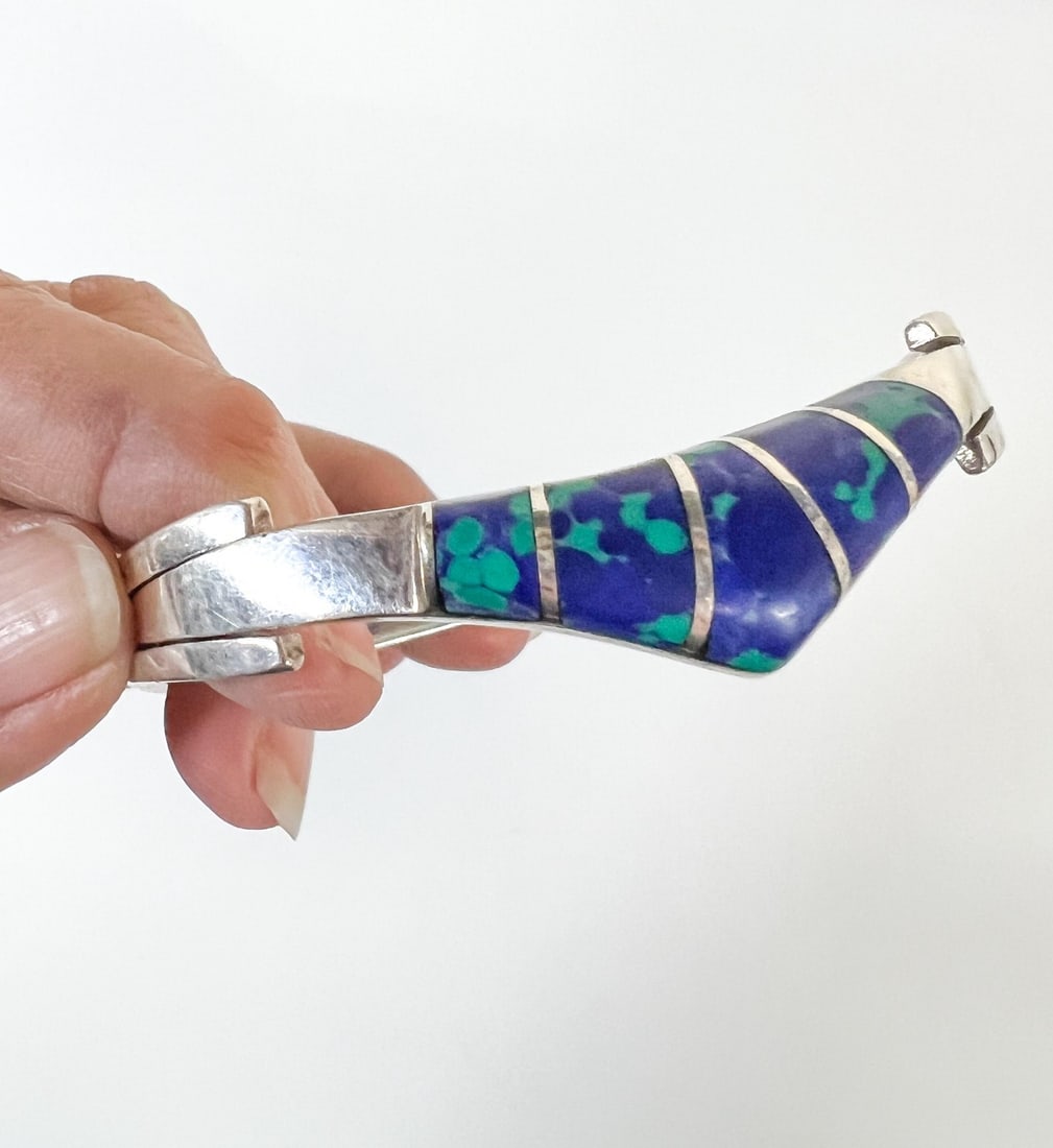 Vintage Taxco Mexico Sterling Silver Malachite Hinged Bangle Bracelet (1 of 8)