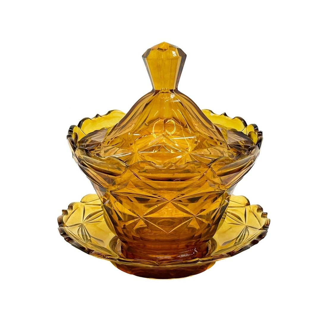 English Amber Cut Glass Lidded Sweet Meat or Candy Bowl w/ Underplate 19th cen (1 of 9)
