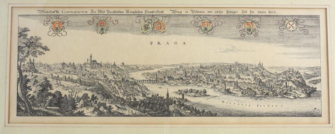 Matthaus Merian (Swiss 1593-1650) Engraving Panoramic View of Prague: Merian, Matthaus (Swiss 1593-1650) copper engraving on paper, 1650, "Wahrhaffte CONTRAFACTUR Der Weit Berühmbten Königlichen HauptStatt Prag in Böhmen, wie solche jetziger Zeit im Wesen steht." Lar
