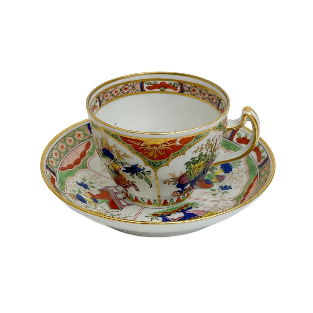 English Hand Painted Porcelain Cup & Saucer Dragons in Compartments 19th cen: English Hand Painted Porcelain Cup and Saucer in Dragons in Compartments, 19th century. Ornate hand painted decoration throughout. Apparently unmarked. Weight: Approx. .5 lb Measurements: Approx. Cup: