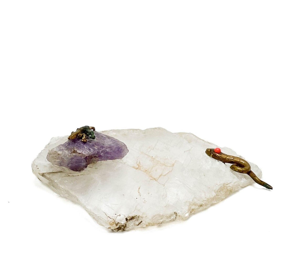 Austrian Gilt Bronze Figures Mounted on Quartz and Amethyst c. 1940: Austrian gilt bronze figures mounted on quartz and amethyst, probably Austrian, likely 2nd quarter 20th century. Scene depicts a lizard atop an amethyst stone, a snake with a coral cabochon mounted to