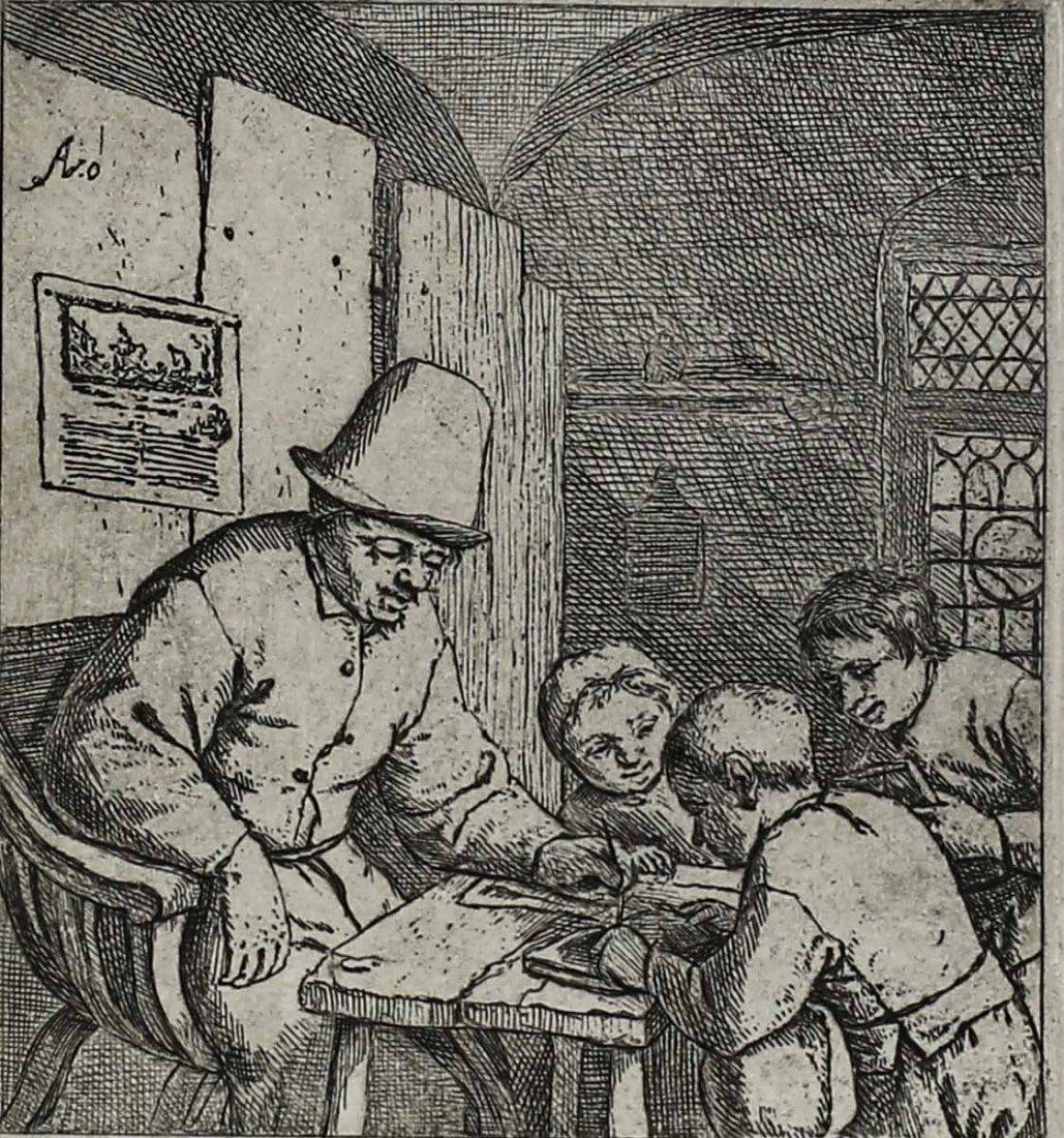 Adriaen Jansz Van Ostade Dutch 1610-1685 Etching The School Master: Van Ostade, Adriaen Jansz (Dutch 1610-1685) Black and white etching on paper, 'The School Master' Signed in plate Avo. No printing en verso. Thin margins. Notation in folder reads First State. Weight: