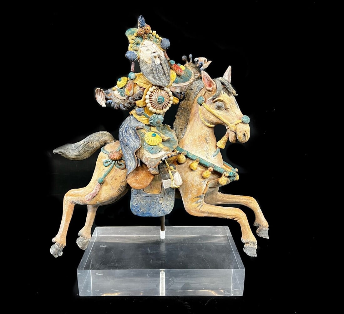 19th c Chinese Polychrome Stucco Roof Figure on Horseback (1 of 8)