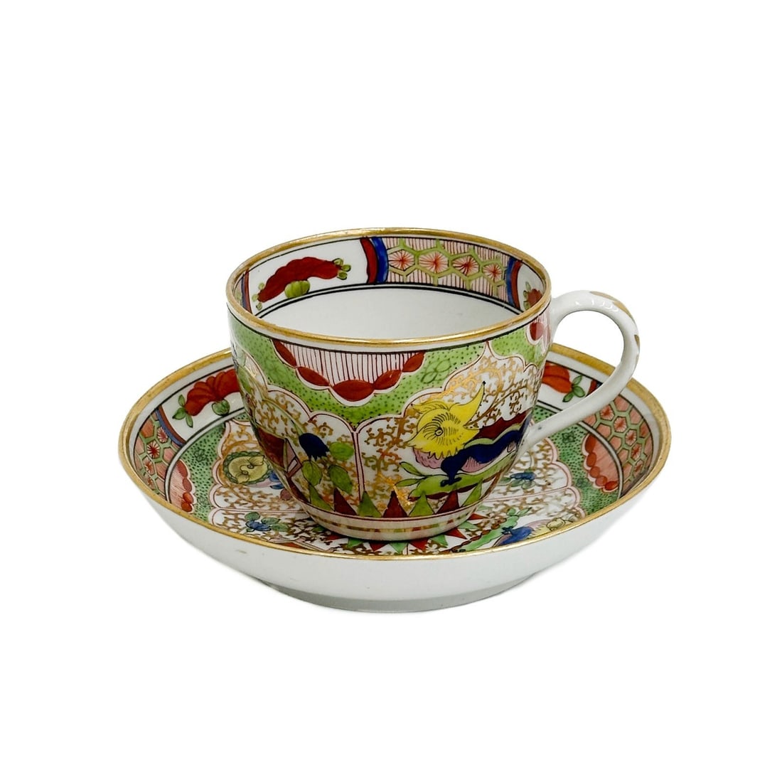 English Hand Painted Porcelain Cup & Saucer Dragons in Compartments 19th cen: English Hand Painted Porcelain Cup and Saucer in Dragons in Compartments, 19th century. Ornate hand painted decoration throughout. Apparently unmarked. Weight: Approx. .5 lb Measurements: Approx. Cup: