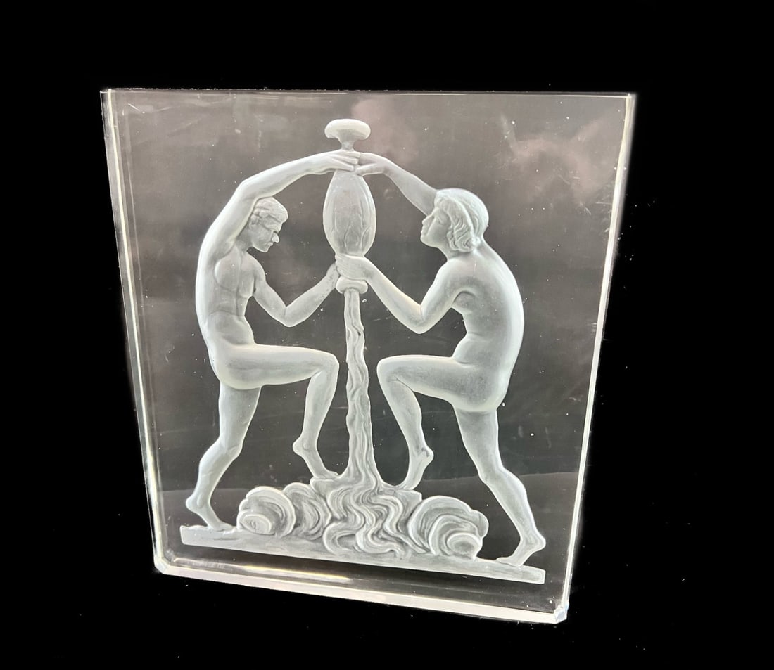 Steuben Glass Art Deco Luminaire Panel: Steuben Glass Art Deco Luminaire Panel. Thick glass panel with frosted reverse relief design of man and woman. No holder/base. 5lbs Measurements: Approx. 9.5 x 11 x 1 inches Condition: Very good condi