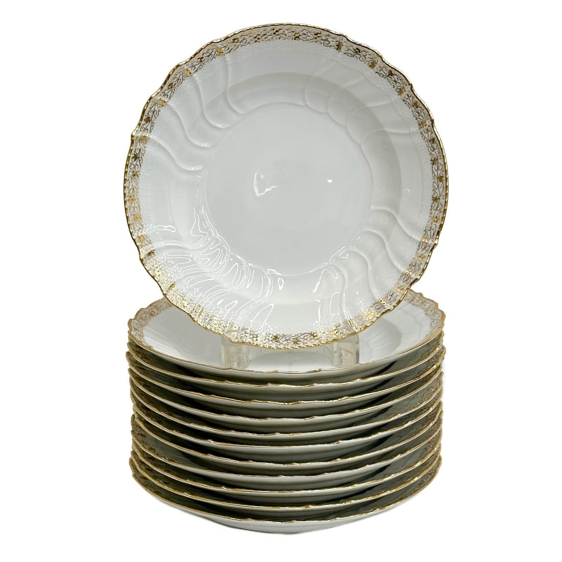12 KPM Berlin Gilt Porcelain Basketweave Deep Well 9.25in Dinner Plates: 12 KPM Berlin Gilt Porcelain Deep Well Dinner Plates. Basketweave edge, ornate gilt decoration to the rim. Underside with KPM scepter marks. Weight: Approx. 13.5 lb Measurements: approx. 9.25 inches d