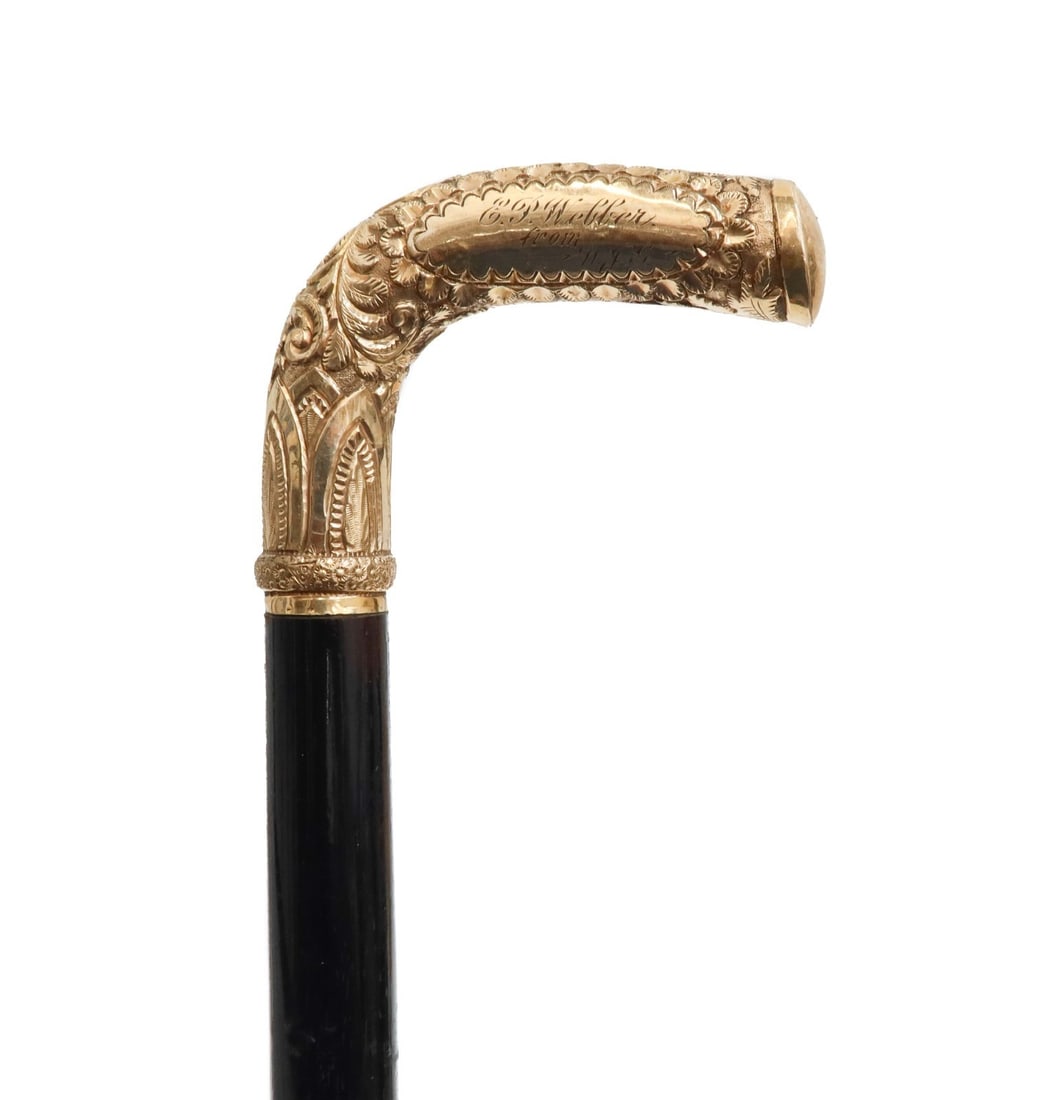 Gold Plated or Gold Filled and Ebony Wood Shaft Pistol Grip Cane circa 1900 (1 of 11)