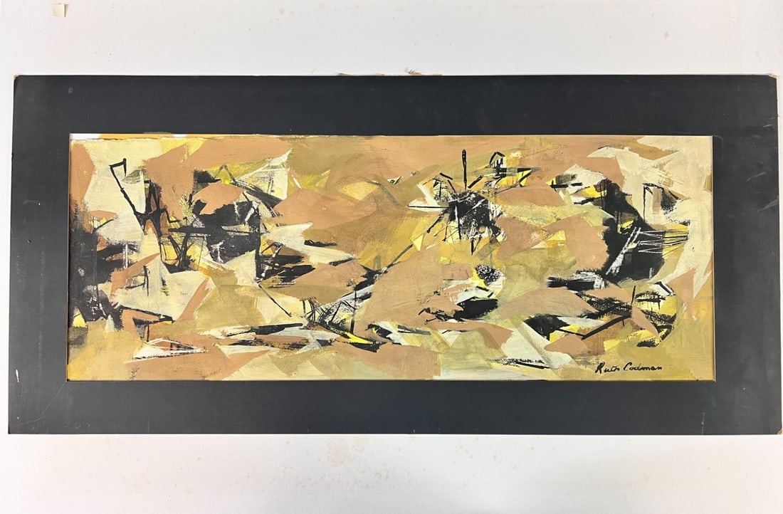 Ruth A Codman Abstract Watercolor painting: Ruth A Codman (American 1920-2000) Watercolor painting on paper, Abstract, signed lower right. Partial painting on reverse. Mounted onto board. (D2) Measurements: Approx. sheet 26 x 10 inches; mat boa